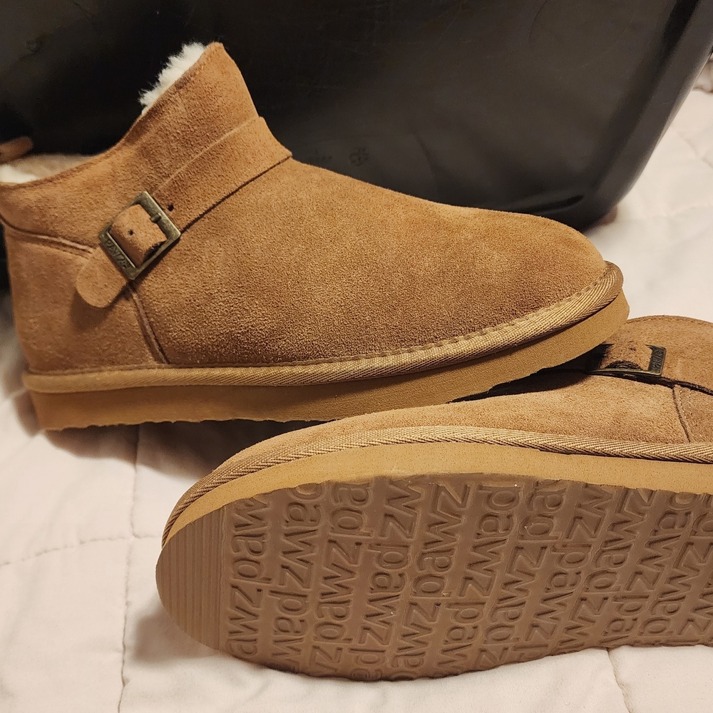 PAWZ Chestnut Suede Ankle Booties with Faux Shearling Trim